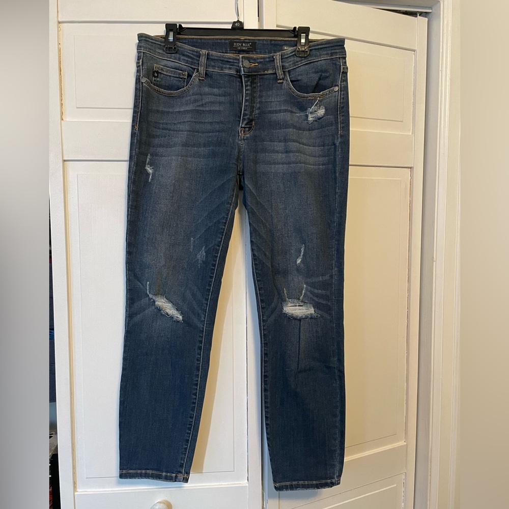 Judy Blue Distressed Straight Leg Jeans - Dark Blue